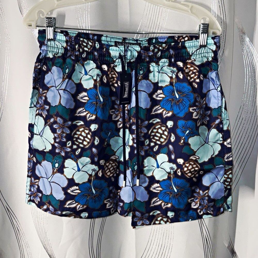 Vilebrequin Men's Blue Floral Swim Shorts Size L Drawstring Elastic Waist